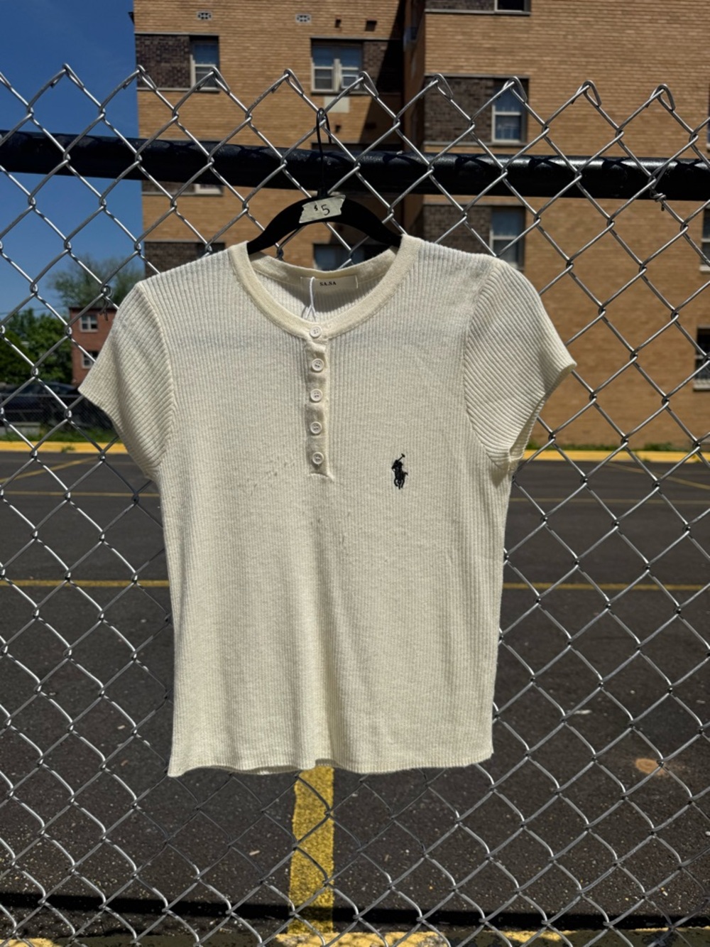 Ralph Lauren Ivory Ribbed Henley Polo Tee with Navy Pony